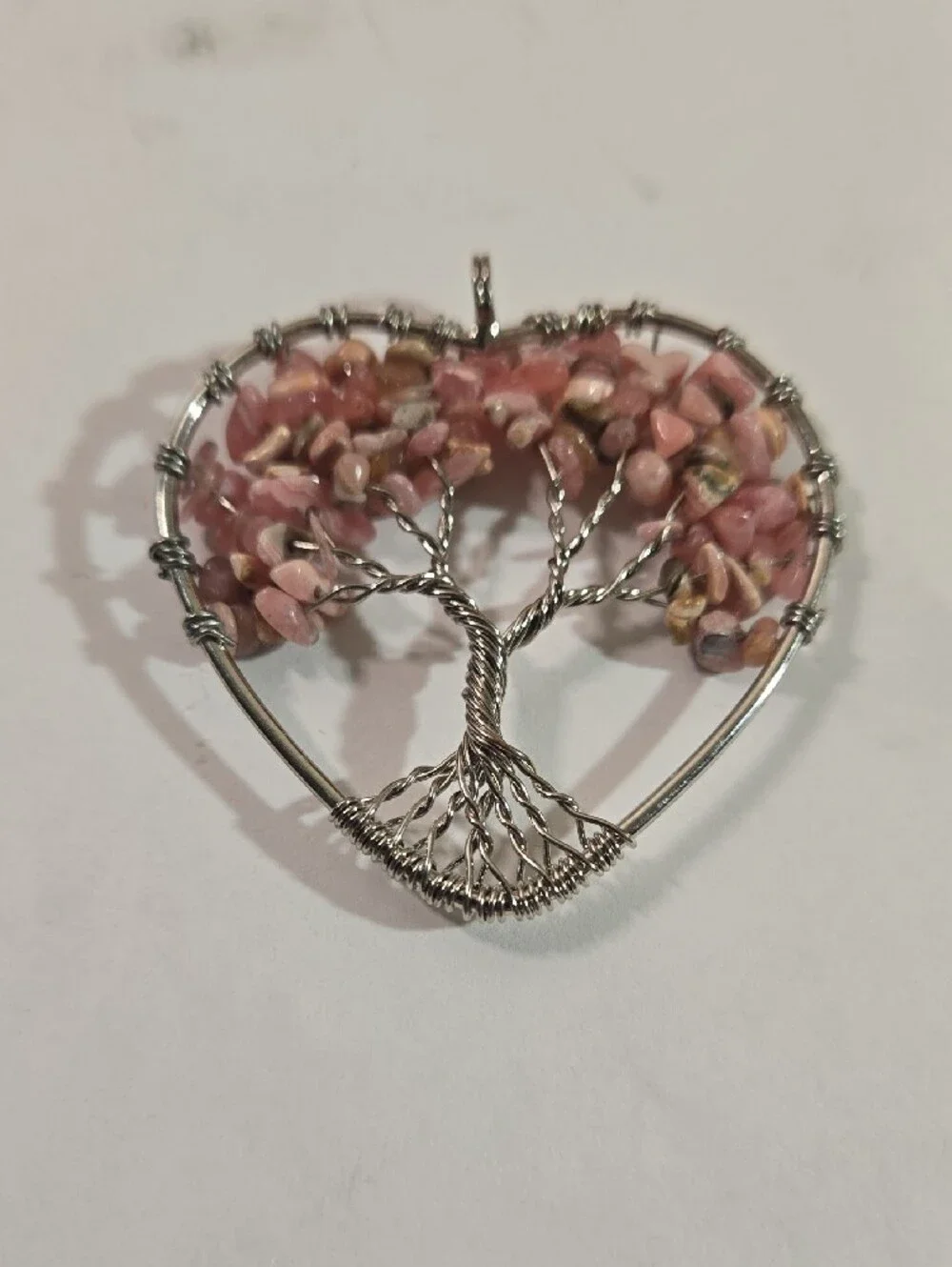 Handmade Heart Tree of Life Pendant in Pink Chip Beads